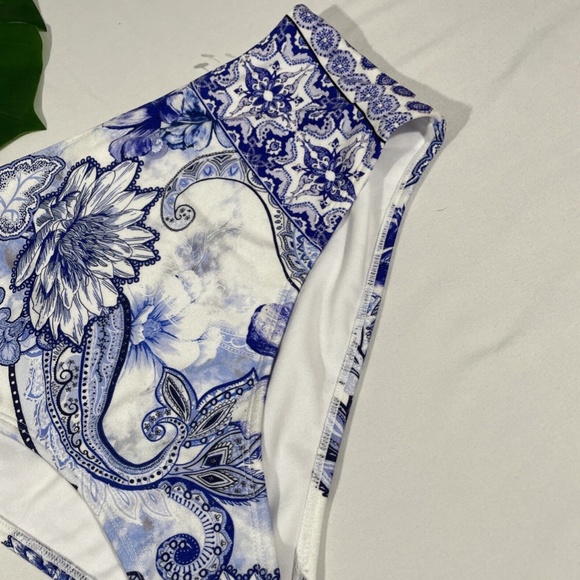 NEW RIVER ISLAND [ 10 US ] Floral High Waist Bikini‎ Bottoms In Blue - Picture 6 of 12